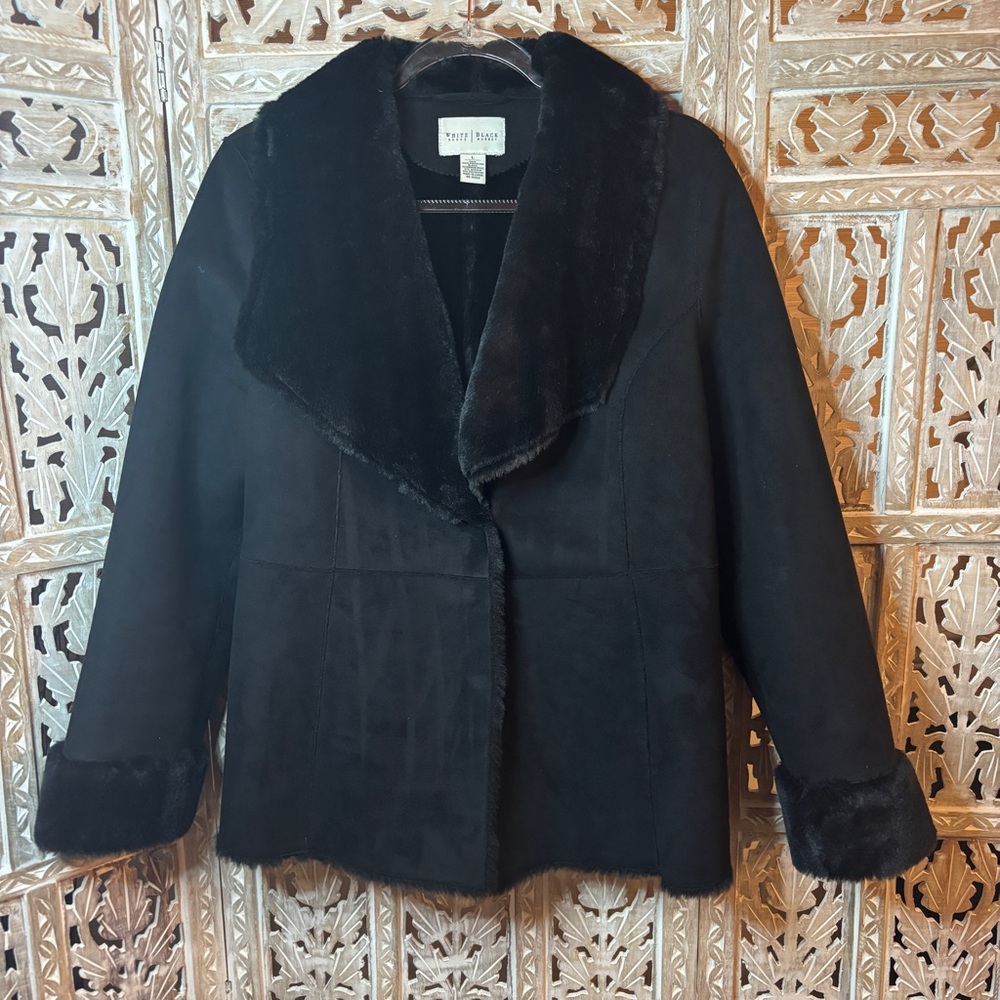 Womens VTG White House Black Market Black Faux Suede Jacket w/faux fur lining L